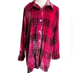 Soft Surroundings Highlands Top Tunic Shirt Plaid Velvet Velour Red Silk